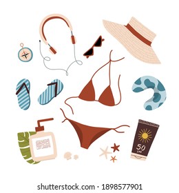 Collection of adventure tourism, travel abroad, summer vacation trip decorative design elements isolated on white background. Flat. Swimsuit, sunscreen, hat, compass, head pillow