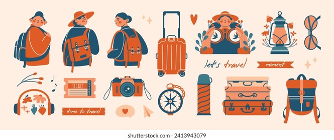 Collection of adventure tourism, travel abroad, summer vacation trip, hiking and backpacking. Women, girls with backpacks, suitcase, camera, ticket, compass. Cute isolated clip arts in cartoon style.