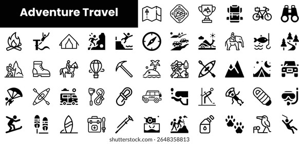 Uma coleção de ícones de viagem de aventura que exibem atividades ao ar livre e exploração, perfeito para entusiastas de aventura e amantes de viagens.
