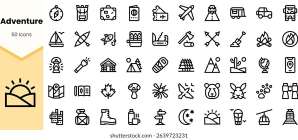 A collection of adventure-themed icons, featuring camping, hiking, and outdoor activities in a minimalist black line design.