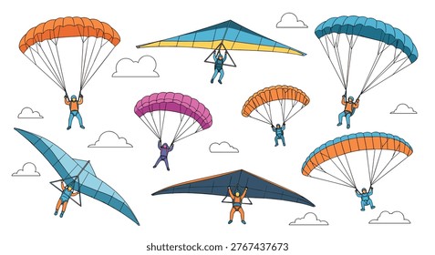 Collection of adventurous people paragliding and hang gliding through a clear sky with scattered white clouds.