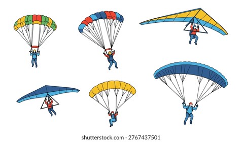 Collection of adventurous people participating in paragliding and hang gliding activities high in the clear sky for extreme sports.