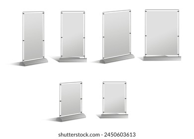 A collection of advertising banners mockups in realistic 3d design. Black and white image with street banners and posters for advertising, announcements on a white background. Vector illustration.