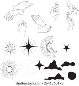 A collection of aesthetic celestial-themed illustrations including moons, stars, hands, and clouds. Ideal for spiritual art, tarot cards, astrology graphics, and stickers.