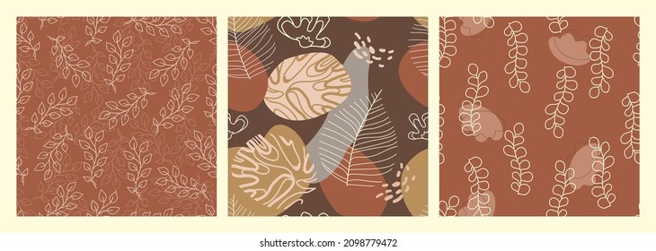 Colección de fondo bonito estético. Patrón inmaculado con flores bohemias dibujadas en línea, plantas. Diseño de moda para papel pintado, textil, embalaje, tela, papel. pastel natural, colores de la tierra