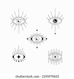 Collection of aesthetic eyes line art with bohemian style on white background. Suitable for design element or sticker