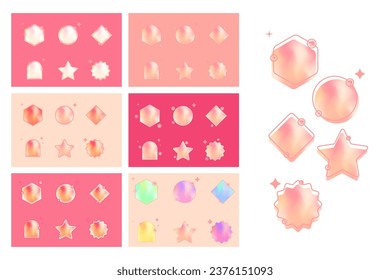 Collection of aesthetic light neon gradient geometric elements such as circle, star, polygonal, rhombus, arch with sparkles for social media, simple decorative isolated vector set. Girly y2k style.
