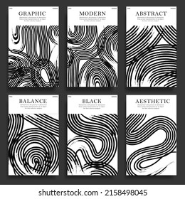 Collection of aesthetic modern posters with strokes on textured vector paper background. For printing, wall decor, prints.