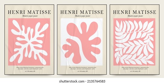 Collection of aesthetic posters and abstract elements in pink color on an isolated background. A large collection of elements, unusual shapes in the art matisse style, hand-drawn with paper texture