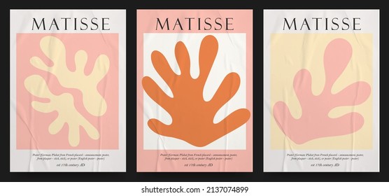 Collection of aesthetic posters and abstract elements in pink color on an isolated background. A large collection of elements, unusual shapes in the Art Matisse style, hand-drawn with paper texture.
