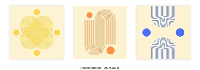 Collection of aesthetic posters. Minimalistic art with fine lines and geometric shapes. Boho-style design elements for decorating walls in office. Cartoon flat vector set isolated on white background