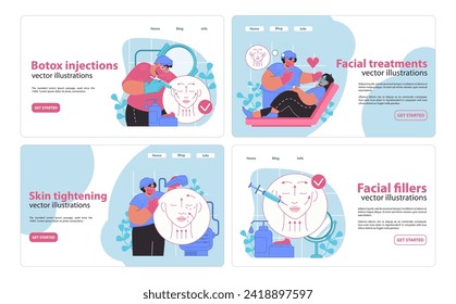 Collection of aesthetic services including Botox injections, skin treatments, skin tightening, and facial fillers vector illustrations for web banners.