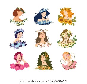 Collection of aesthetic woman with flower decoration arrangement