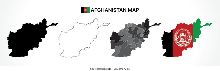 A collection of Afghanistan map variations including a black silhouette, outline version, political map with provinces, and a flag overlay, perfect for presentations and infographics.  
