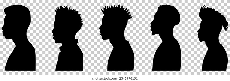 Collection of African American men profile with various hairstyles. Vector illustration isolated on transparent background
