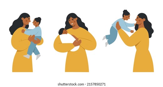 Collection of african american mothers and babies. A beautiful woman is holding her cute child in her arms. Happy Mother's Day. Flat vector illustration.