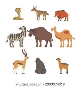 Collection of African Animal, Buffalo, Zebra, Camel, Cobra Snake, Gorilla Wild Predator and Herbivore Jungle Savannah Animals Cartoon Vector Illustration