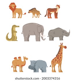 Collection of African Animal, Hippopotamus, Lion, Rhino, Elephant, Crocodile, Wild Predator and Herbivore Jungle Savannah Animals Cartoon Vector Illustration