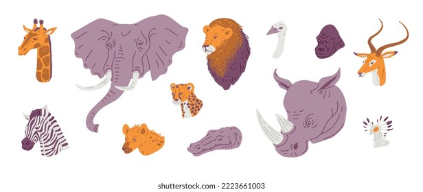 Collection of African animals heads, flat vector illustration isolated on white background. Hand drawn drawing of cartoon inhabitants of African savannah. Gorilla, elephant, zebra and giraffe.