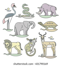 Collection of african animals isolated on background. Line style vector. Cartoon set for children books, posters and banners. Including snake, rhinoceros, elephant, turtle, lion, bird