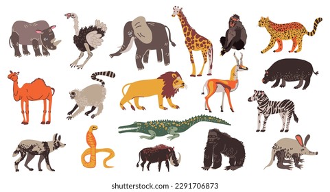 Collection of African animals set. Elephant, hippo, rhino, lion herbivores and carnivores vector illustration