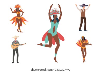 Collection of African dancers and men in Sombreros. Flat cartoon characters in national costumes. Can be used for advertisement, poster, placard