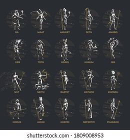 Collection of African and Egyptian gods and heroes. Anubis, Ra, Seth, Osisris, Bastet and others. Vector illustration.