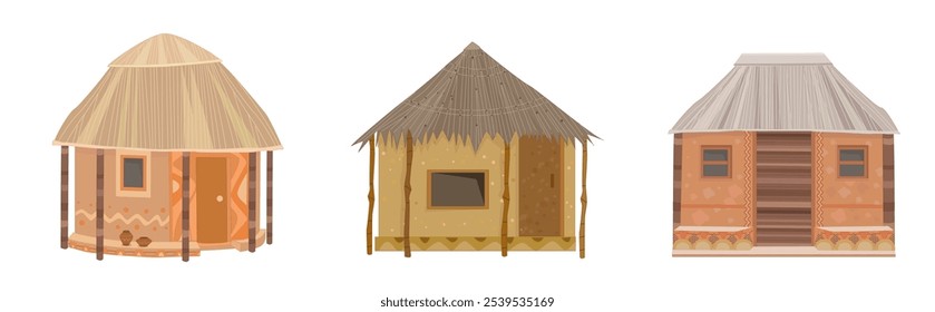 coleção de cabanas africanas. conjunto isolado de casas de argila étnica com telhados de palha. ilustração vetorial de desenhos animados edifícios rurais