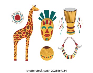 Collection of African illustrations. Culture of Nigeria; national things. Necklace with fangs. Interesting souvenirs. Prints for clothes, postcards, design. African style. Southern traditions.