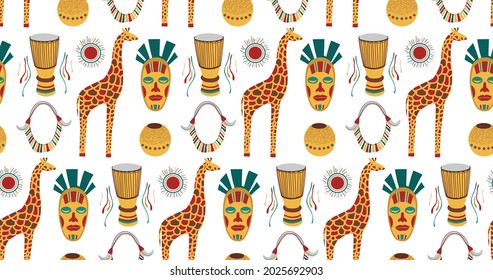 Collection of African illustrations. Seamless African pattern. National things. Necklace with fangs. Interesting souvenirs. Prints for clothes, postcards, design. African style. Southern traditions