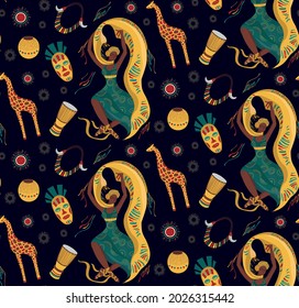 Collection of African illustrations. Seamless African pattern. National things. Necklace with fangs. Interesting souvenirs. Prints for clothes, postcards, design. African style. Southern traditions