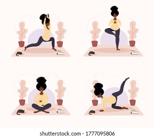 Collection of african pregnant women doing yoga, having healthy lifestyle and relaxation. Bundle of exercises for girls. Modern vector illustration in flat style. Happy pregnancy concept background.