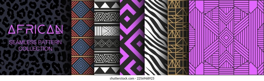 Collection of African Seamless Patterns. Geometry, textures and signs. Ethnic aesthetic and ornaments inspired by Africa. Tribal designs, folk artworks and native style graphics. Black culture. svg
