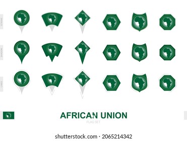 Collection of the African Union flag in different shapes and with three different effects. Vector flag set.