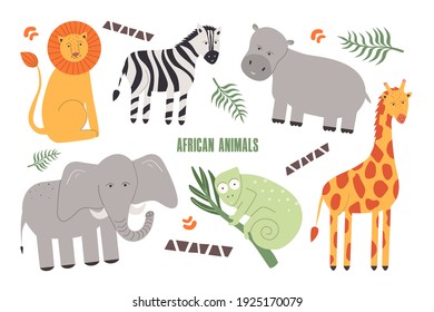 Sammlung afrikanischer Wildtiere. Zum Beispiel Löwe, Zebra, Hippo, Elefant, Giraffe, Chamäleon. Vektorgrafik im Cartoon-Stil.