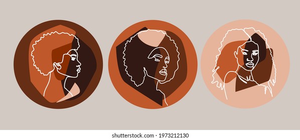 Collection of Afro girls in one line style. Social media template for highlights, stories. Abstract girls illustration 