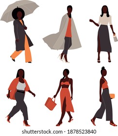 Collection of afro stylish women dressed in trendy clothes. Set of fashionable casual and formal outfits. Flat cartoon colorful vector illustration.