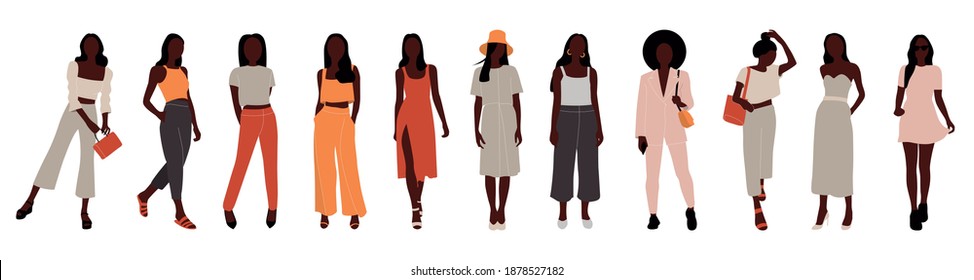 Colección de mujeres afro y elegantes vestidas con ropa de moda. Un conjunto de atuendos modernos, informales y formales. Ilustración vectorial colorida de dibujos animados planos.