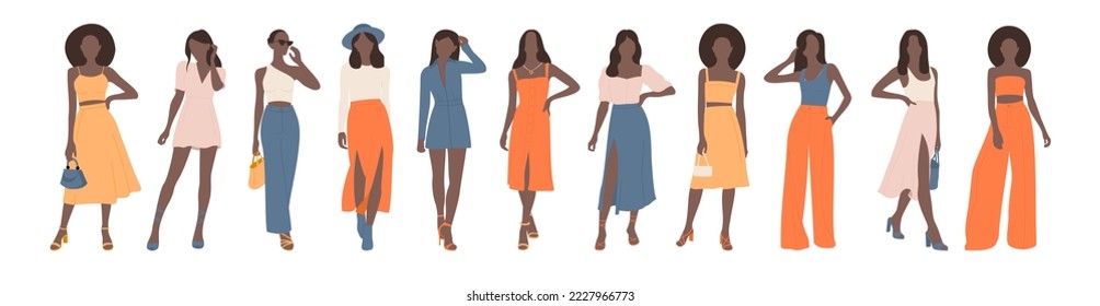 Collection of afro stylish women dressed in trendy clothes. Set of fashionable casual and formal outfits. Flat cartoon colorful vector illustration.