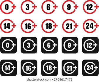 Collection of age restriction icons including zero three six nine twelve fourteen sixteen eighteen twentyone and twentyfour plus symbols