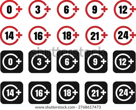Collection of age restriction icons including zero three six nine twelve fourteen sixteen eighteen twentyone and twentyfour plus symbols