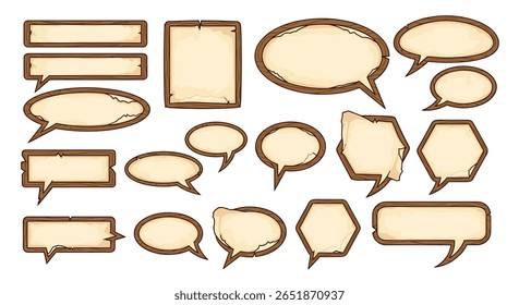 Collection of aged textured speech bubbles and dialogue boxes for storytelling and communication projects