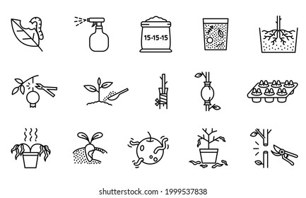 Collection of agricultural icons. Plant propagation symbols and problems. Simple design with black lines on white background.