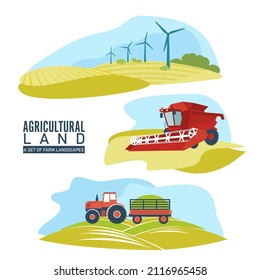 Collection of agricultural illustrations. Tractor carrying hay, combine harvester in the field, harvesting. The landscape of a farm, an environmentally friendly agricultural economy.