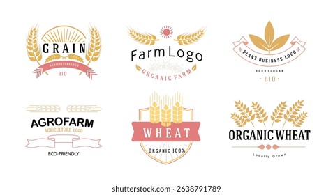 Collection of agricultural logo design templates with a badge made of wheat or grain. Hand drawn, not AI