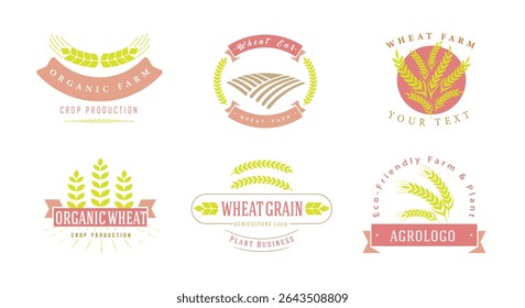 Collection of agricultural logo design templates with a badge made of wheat or grain