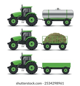 Una colección de tractores agrícolas conectados a diferentes tipos de remolques, mostrando su utilidad para transportar diversos materiales y líquidos agrícolas en un entorno agrícola.