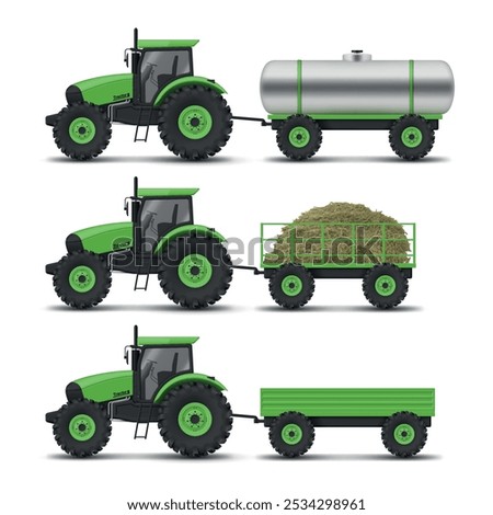 A collection of agricultural tractors connected to different types of trailers, displaying their utility for transporting various farm materials and liquids in a farming setting.