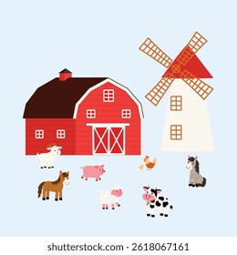 collection of agriculture building and livestock, animal, horse, goat, pig, sheep, cow, hen and chicks, donkey character, barn and wildmill illustration