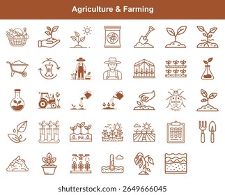Coleção de ícones agrícolas e agrícolas que representam vários aspectos do cultivo, incluindo solo, plantas, ferramentas essenciais, agricultores e processos de campo, adequados para temas agrícolas.